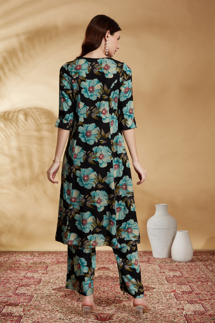 Black Rayon Printed Straight Kurta Pant Co ord Set