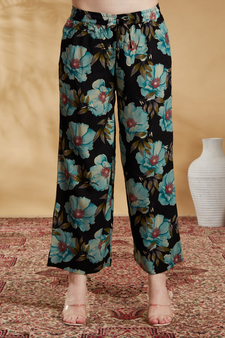 Black Rayon Printed Straight Kurta Pant Co ord Set