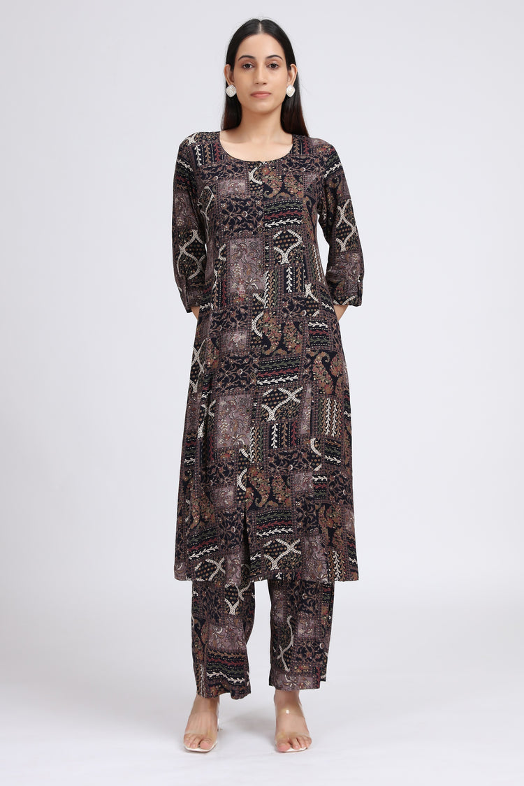 Black Rayon Printed Straight Kurta Pant Co ord Set