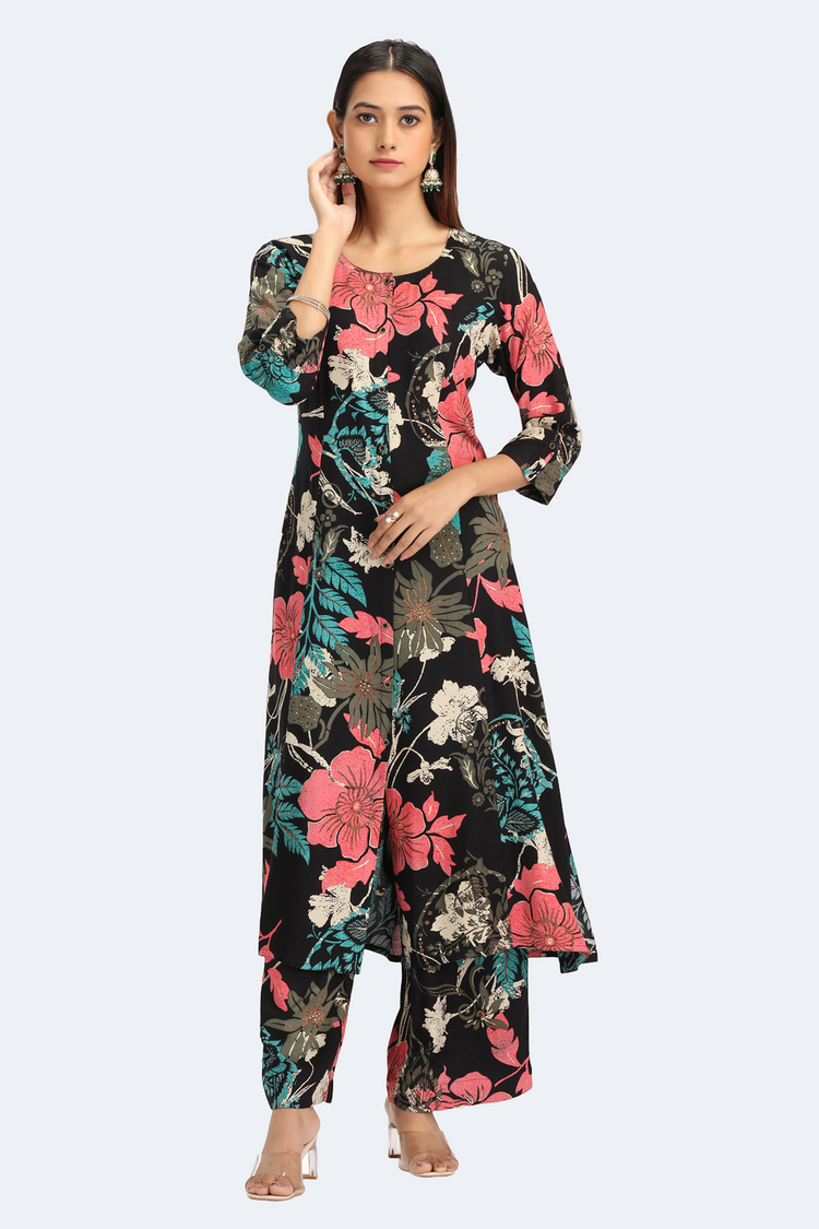 Black Rayon Printed Straight Kurta Pant Co ord Set
