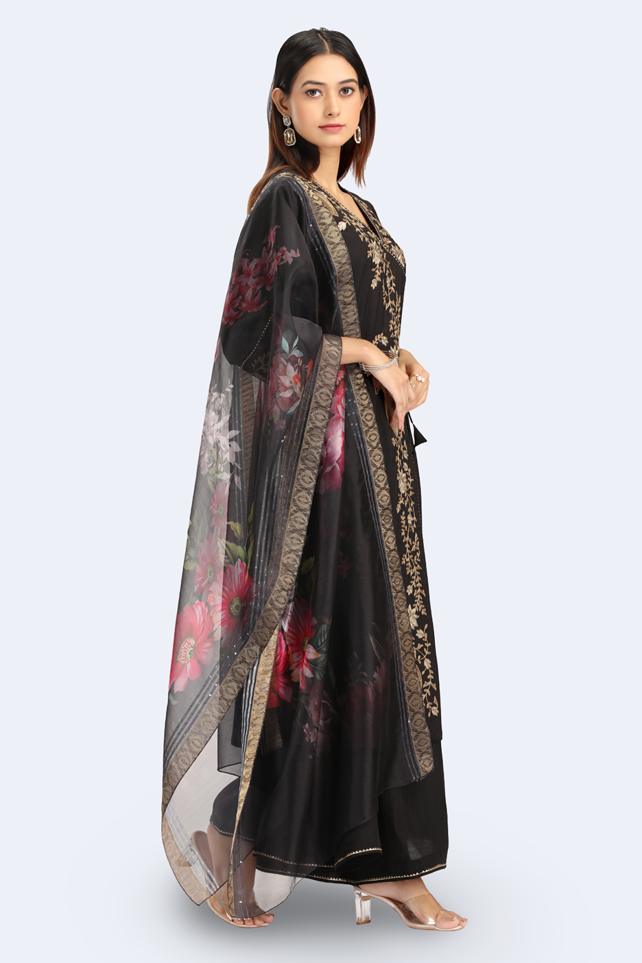 Black Roman Silk Embroidered A Line Kurta and Dupatta Set