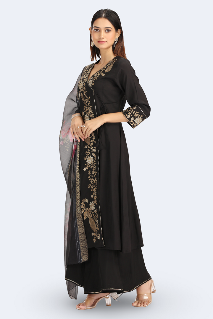 Black Roman Silk Embroidered A Line Kurta and Dupatta Set