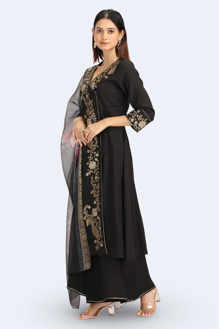 Black Roman Silk Embroidered A Line Kurta and Dupatta Set