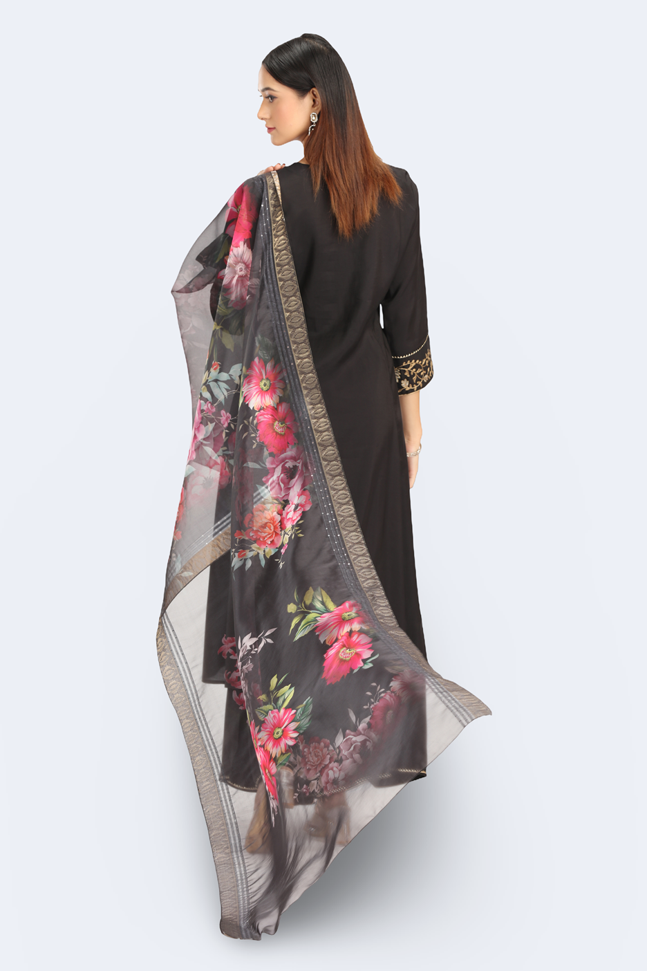 Black Roman Silk Embroidered A Line Kurta and Dupatta Set