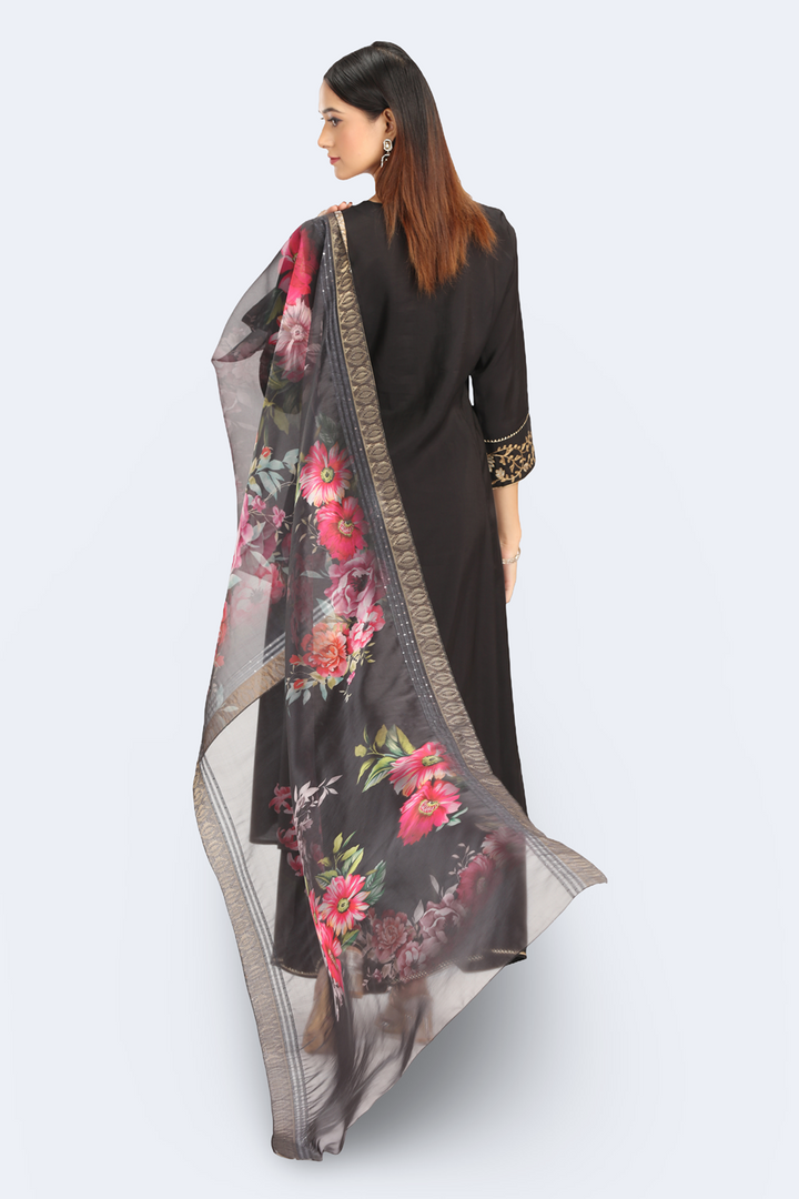 Black Roman Silk Embroidered A Line Kurta and Dupatta Set