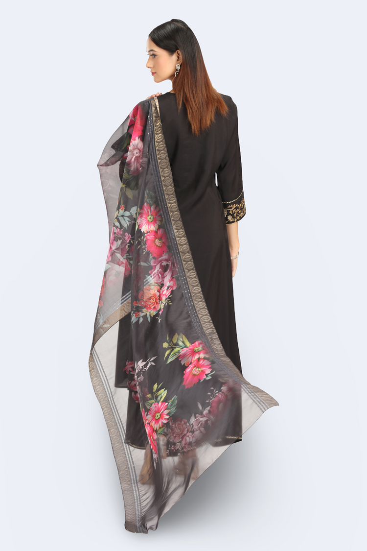 Black Roman Silk Embroidered A Line Kurta and Dupatta Set