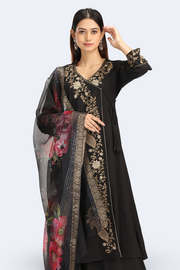 Black Roman Silk Embroidered A Line Kurta and Dupatta Set