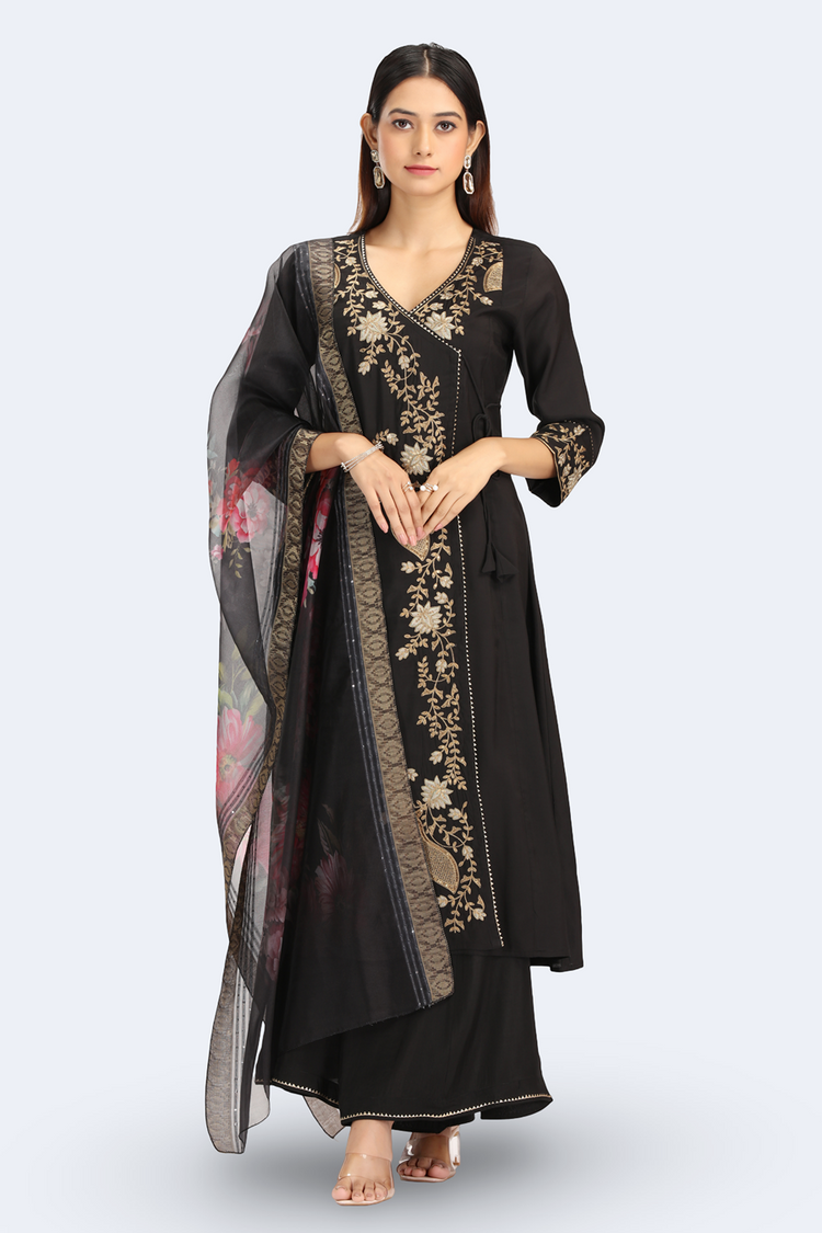 Black Roman Silk Embroidered A Line Kurta and Dupatta Set
