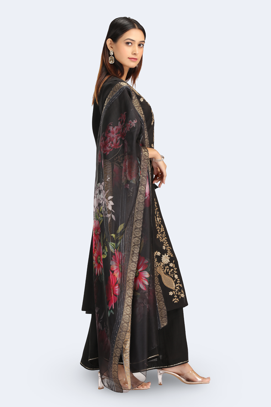 Black Roman Silk Embroidered A Line Kurta and Dupatta Set