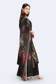 Black Roman Silk Embroidered A Line Kurta and Dupatta Set