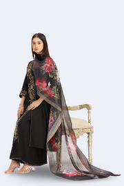 Black Roman Silk Embroidered A Line Kurta and Dupatta Set