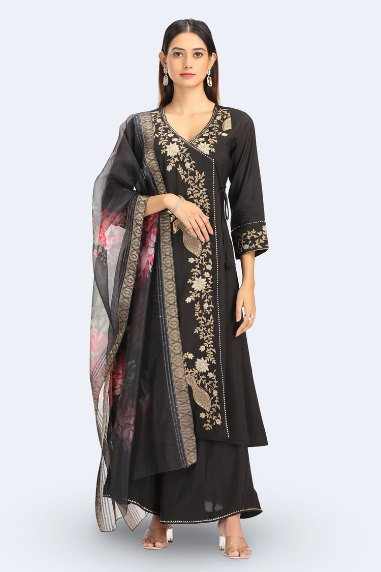 Black Roman Silk Embroidered A Line Kurta and Dupatta Set