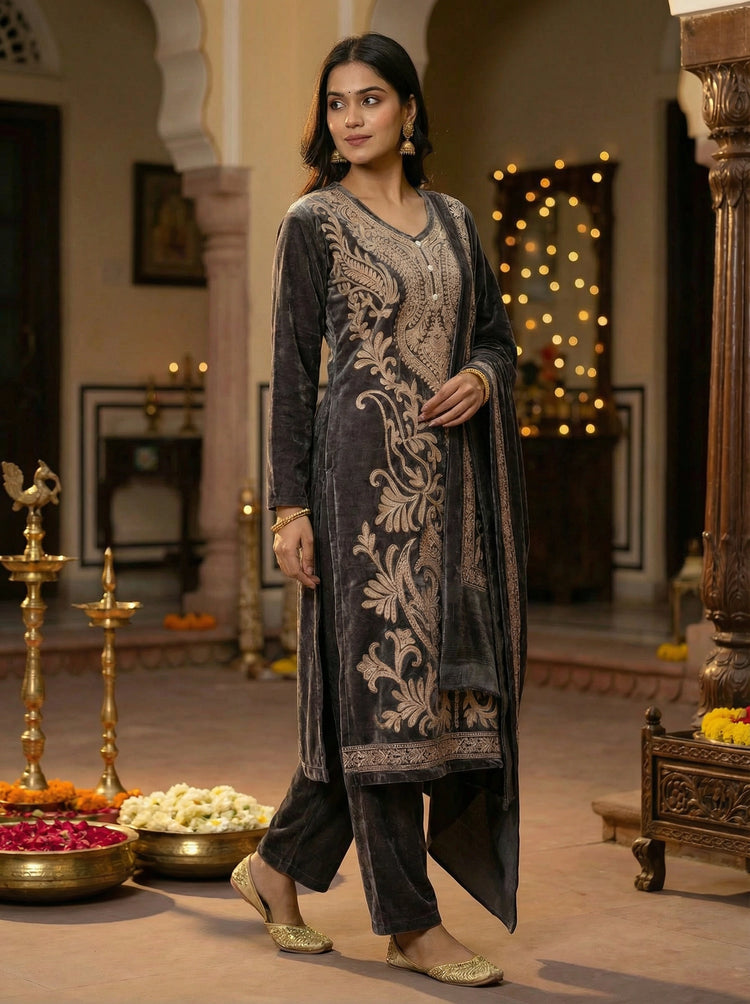 Black Velvet Embroidered Straight Ethnic Set
