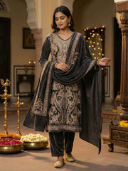 Black Velvet Embroidered Straight Ethnic Set