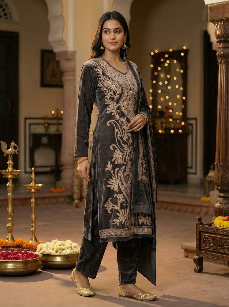 Black Velvet Embroidered Straight Ethnic Set