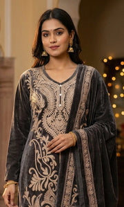 Black Velvet Embroidered Straight Ethnic Set