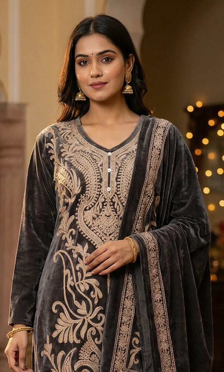 Black Velvet Embroidered Straight Ethnic Set