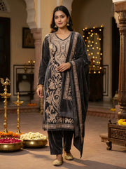 Black Velvet Embroidered Straight Ethnic Set