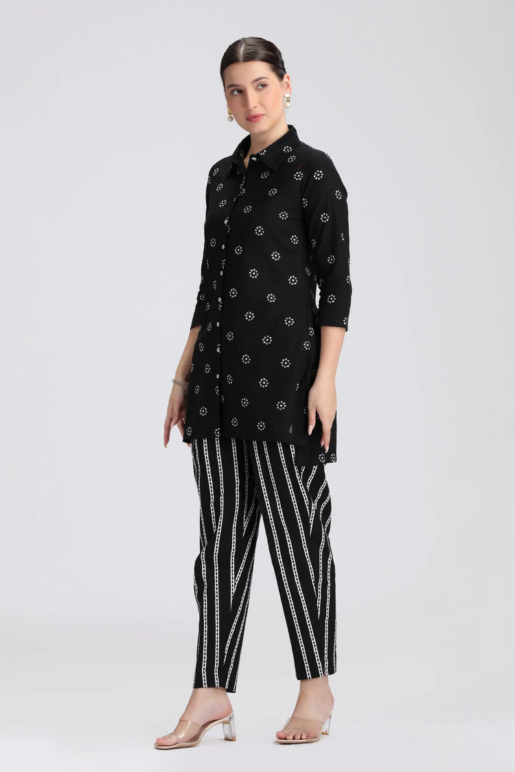 Black Cotton Flex Printed Straight Short Kurta