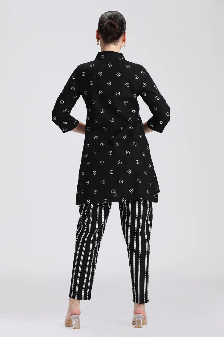 Black Cotton Flex Printed Straight Short Kurta