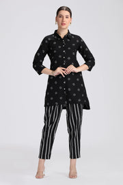 Black Cotton Flex Printed Straight Short Kurta