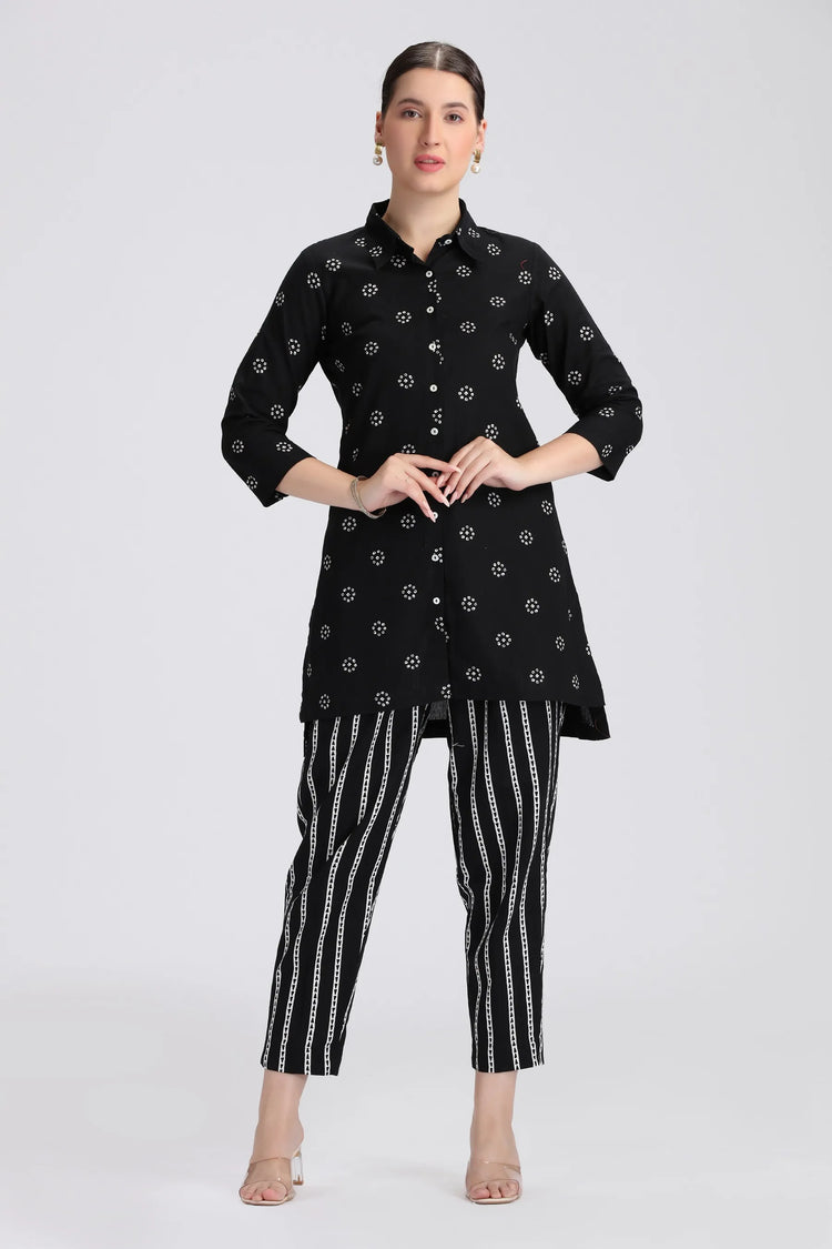 Black Cotton Flex Printed Straight Short Kurta