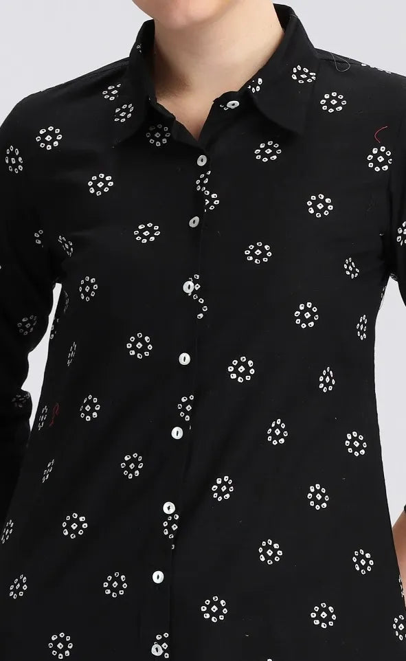 Black Cotton Flex Printed Straight Short Kurta