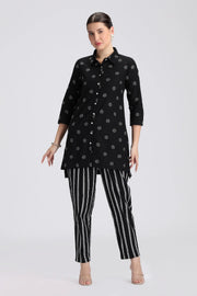 Black Cotton Flex Printed Straight Short Kurta
