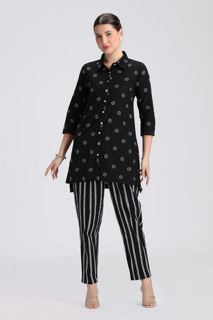 Black Cotton Flex Printed Straight Short Kurta