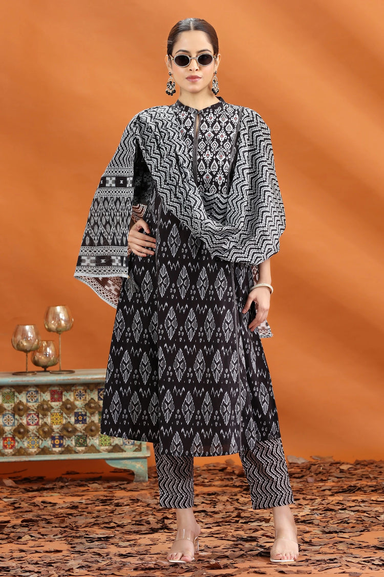 Black Jaipuri Cotton Straight Printed Kurta Pant and Dupatta Set for women and girls