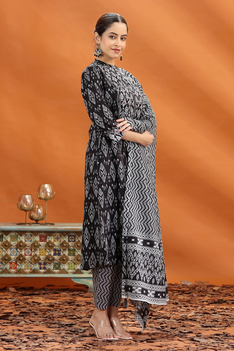 Black Jaipuri Cotton Straight Printed Kurta Pant and Dupatta Set for women and girls
