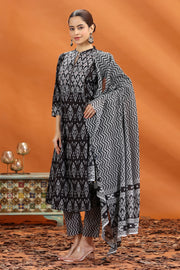 Black Jaipuri Cotton Straight Printed Kurta Pant and Dupatta Set for women and girls