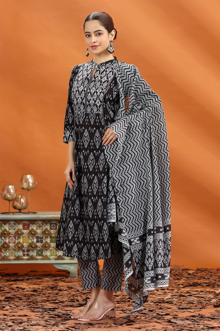 Black Jaipuri Cotton Straight Printed Kurta Pant and Dupatta Set for women and girls