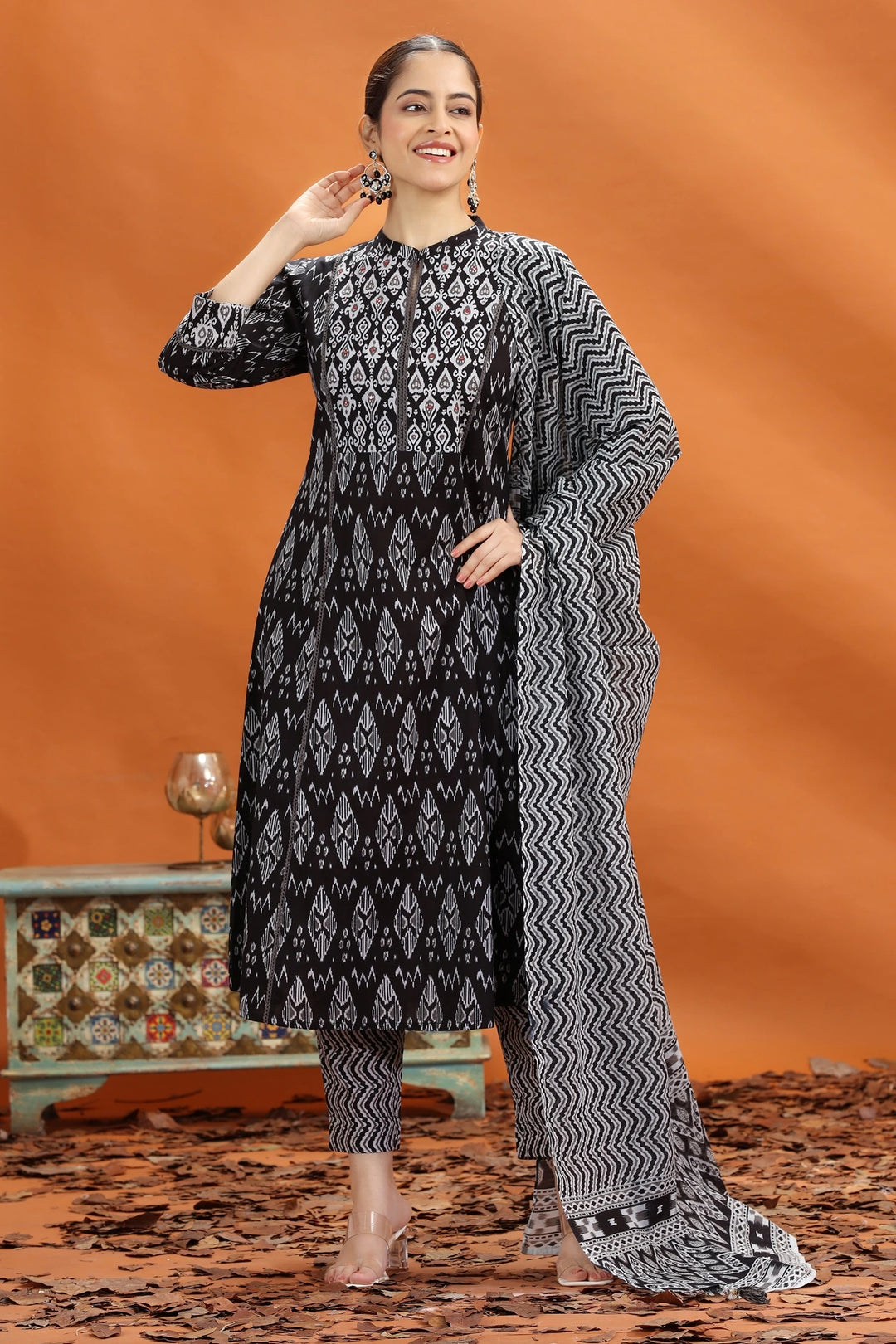 Black Jaipuri Cotton Straight Printed Kurta Pant and Dupatta Set