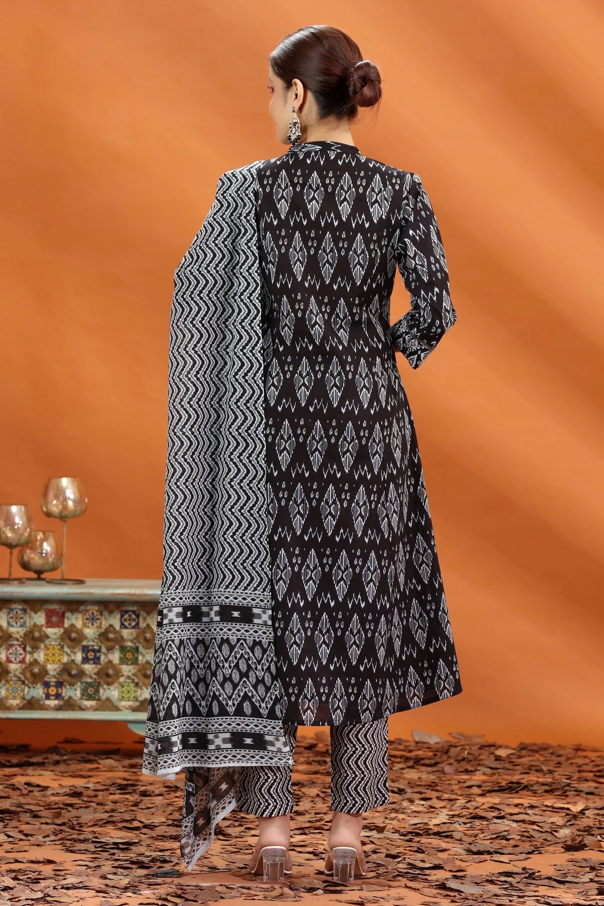 Black Jaipuri Cotton Straight Printed Kurta Pant and Dupatta Set for women and girls