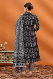 Black Jaipuri Cotton Straight Printed Kurta Pant and Dupatta Set for women and girls