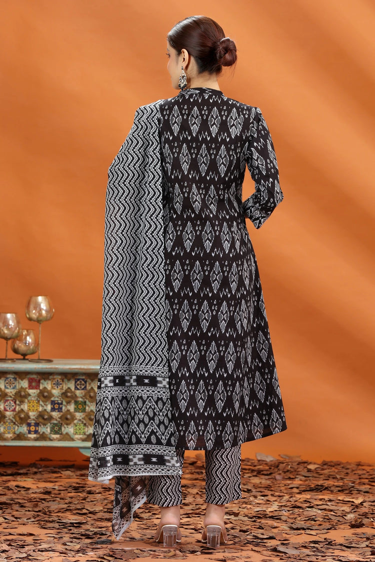 Black Jaipuri Cotton Straight Printed Kurta Pant and Dupatta Set for women and girls