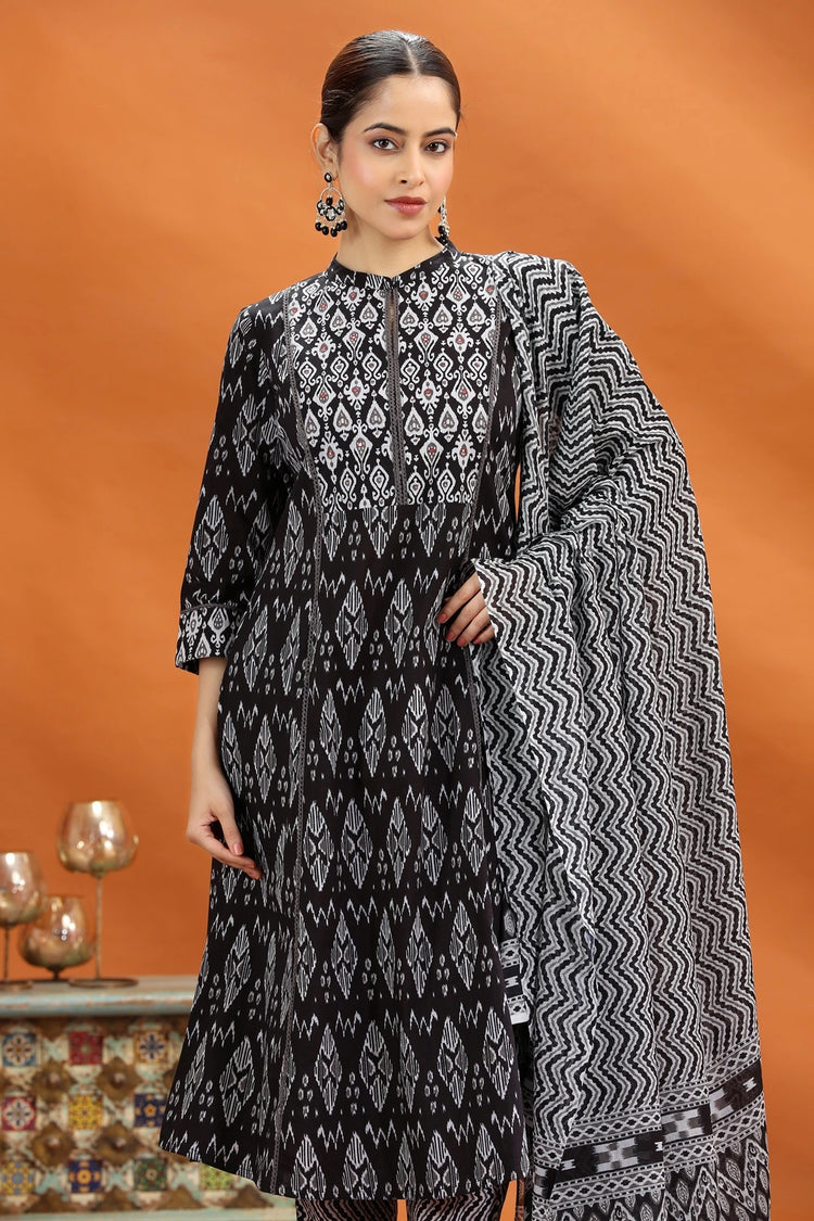 Black Jaipuri Cotton Straight Printed Kurta Pant and Dupatta Set for women and girls