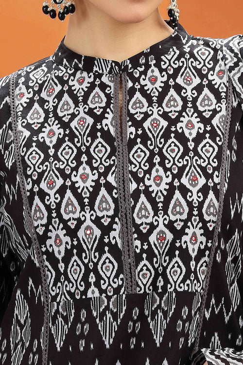 Black Jaipuri Cotton Straight Printed Kurta Pant and Dupatta Set for women and girls