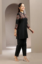 Black Poly Silk Embroidered Straight Kurta and Pant Set