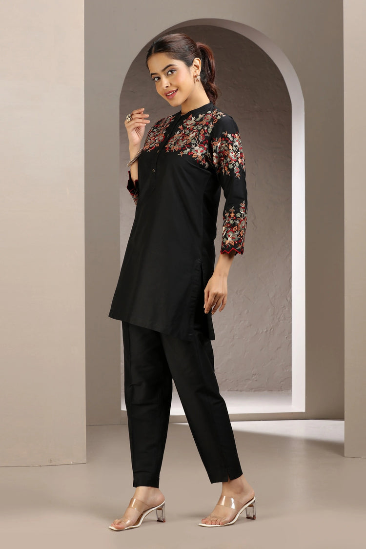 Black Poly Silk Embroidered Straight Kurta and Pant Set