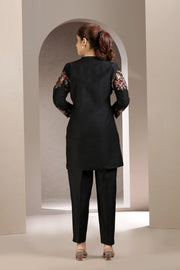 Black Poly Silk Embroidered Straight Kurta and Pant Set