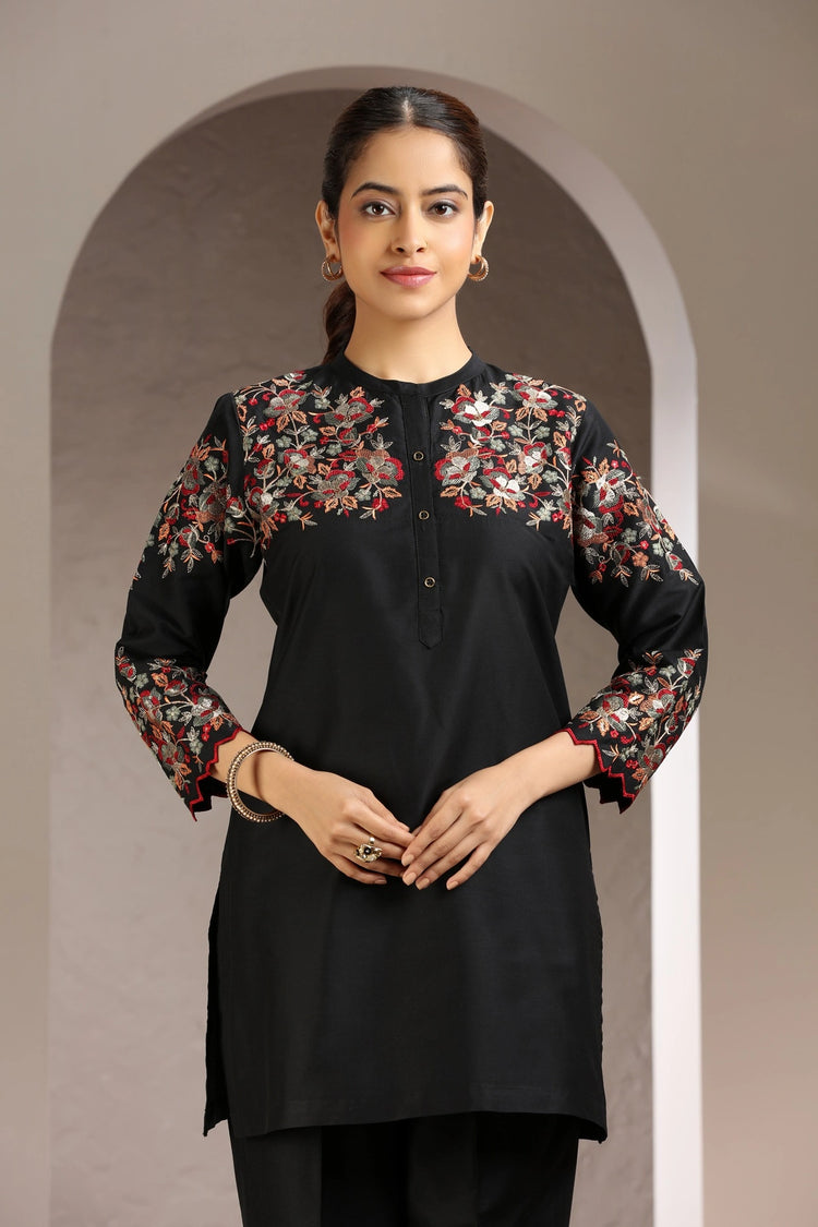 Black Poly Silk Embroidered Straight Kurta and Pant Set
