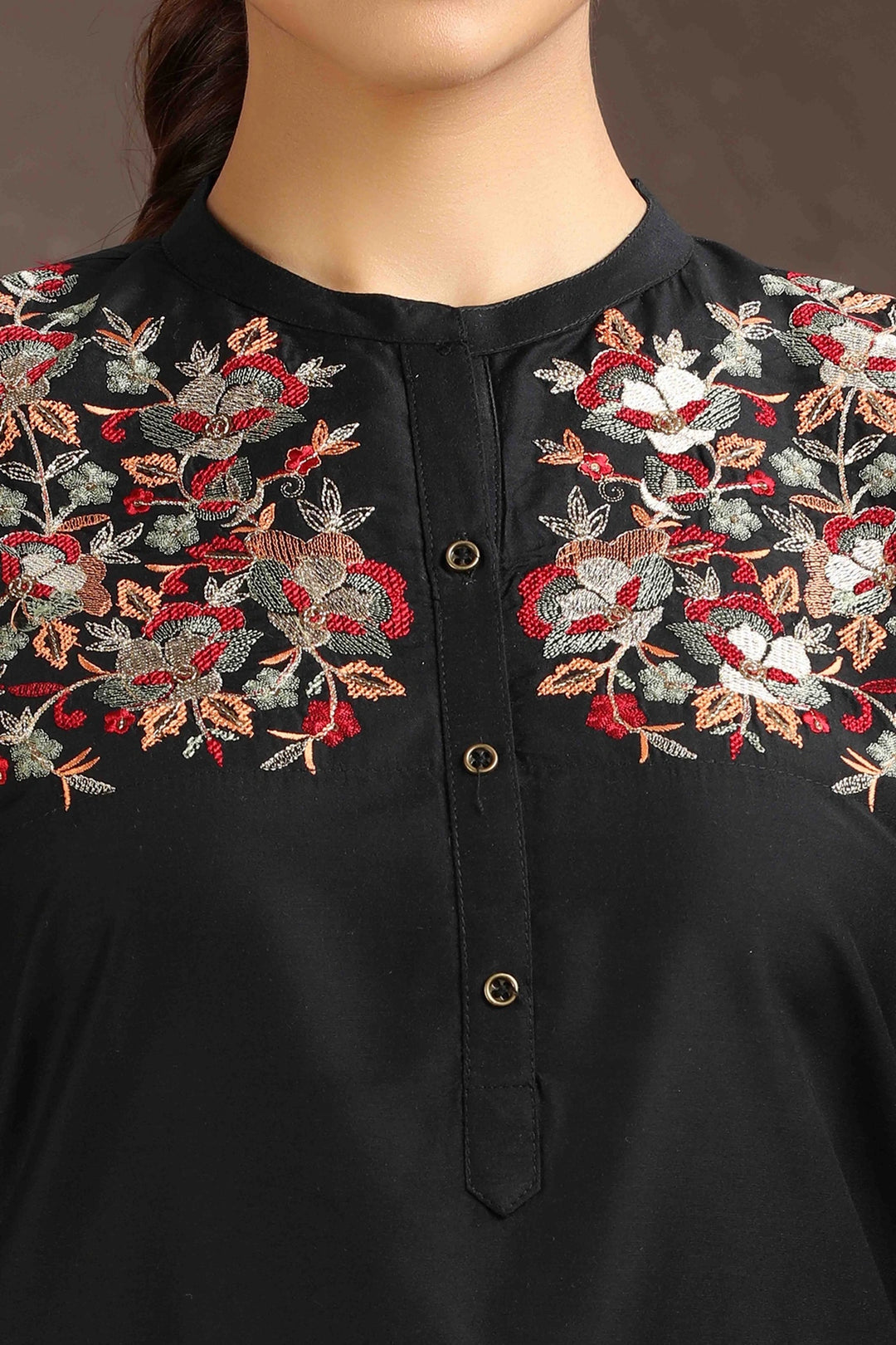 Black Poly Silk Embroidered Straight Kurta and Pant Set – Cotton