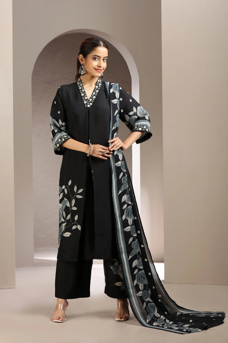 Black Roman Silk Embroidered Kurta Pant and Dupatta Set