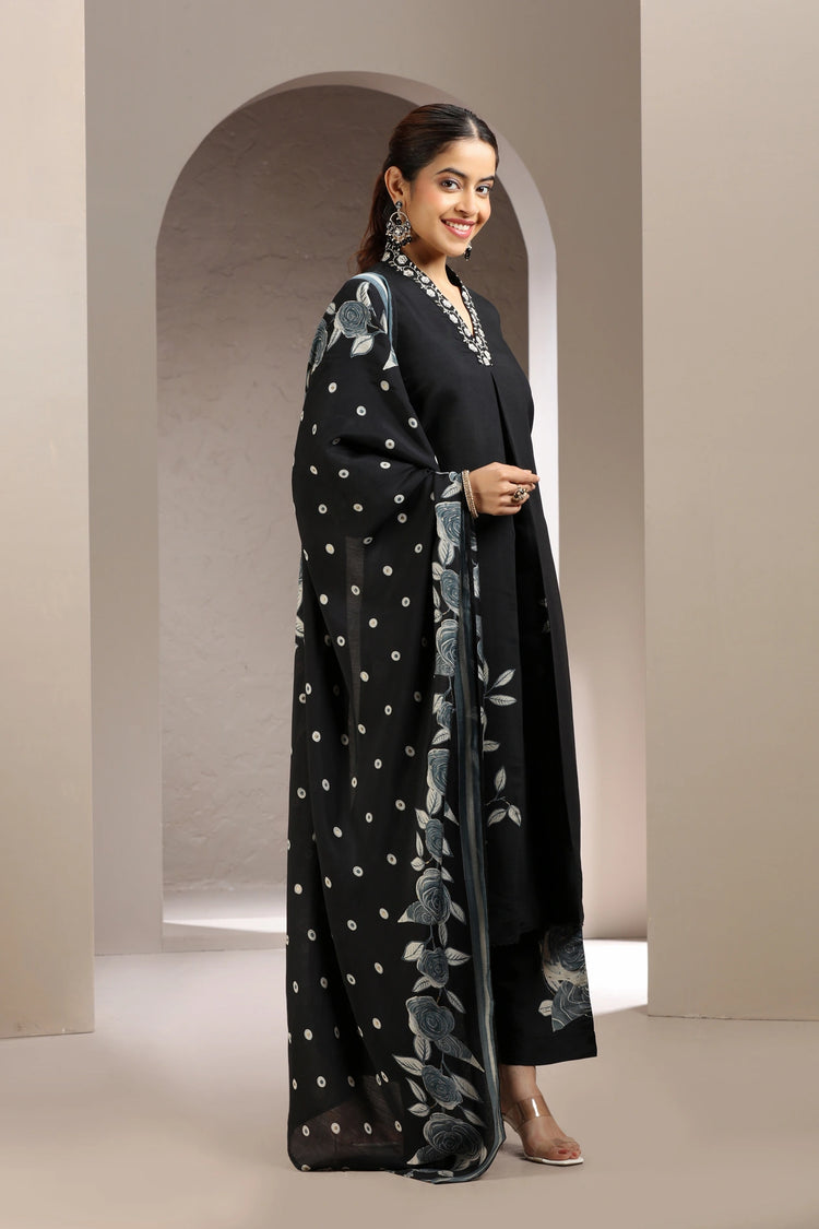 Black Embroidered Roman Silk Kurta Pant and Dupatta Set for women