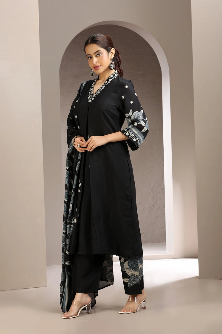 Black Embroidered Roman Silk Kurta Pant and Dupatta Set for women