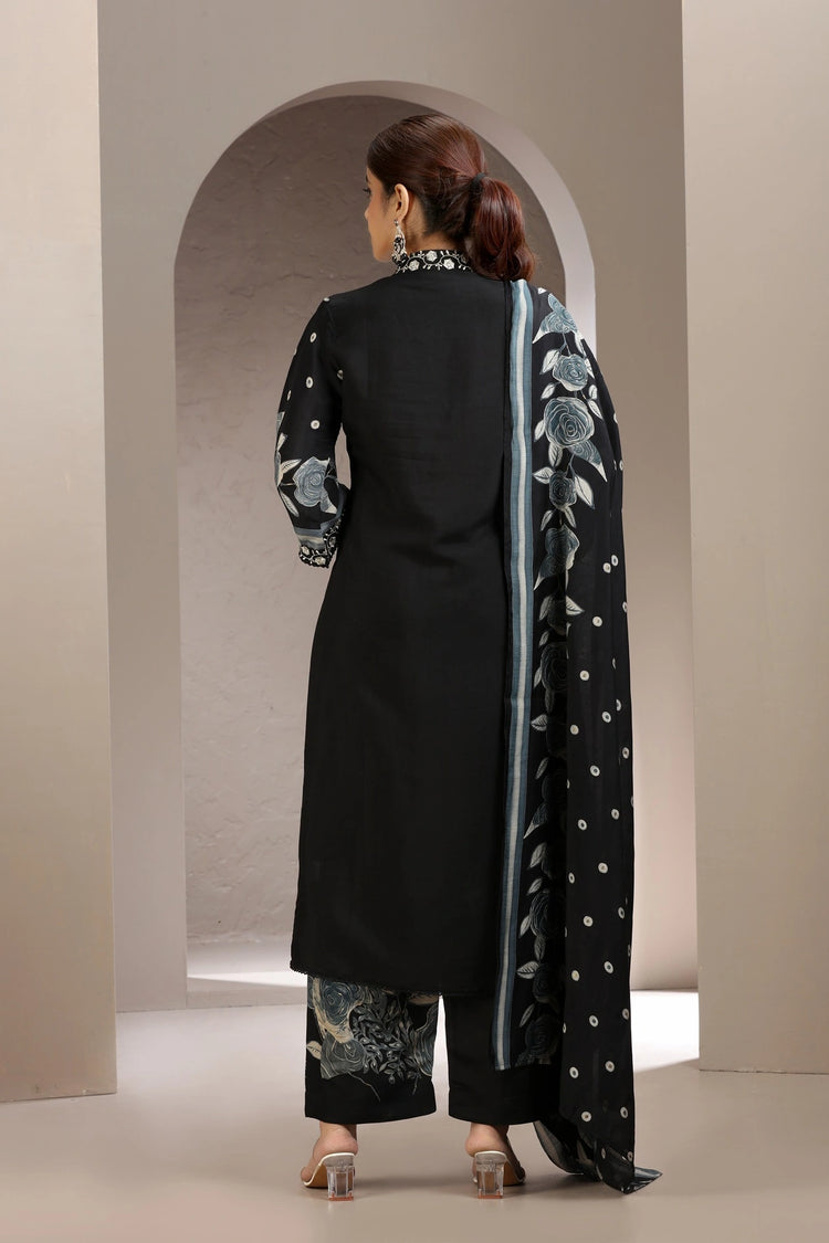 Black Embroidered Roman Silk Kurta Pant and Dupatta Set for women