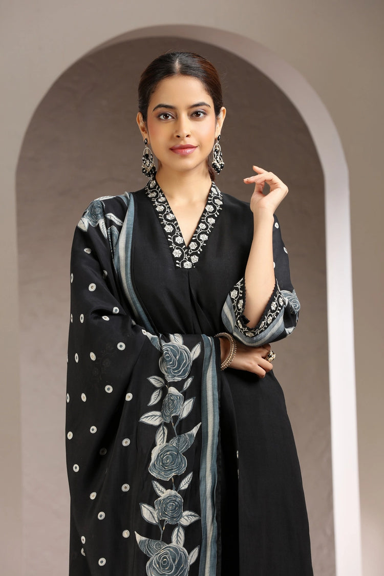 Black Embroidered Roman Silk Kurta Pant and Dupatta Set for women