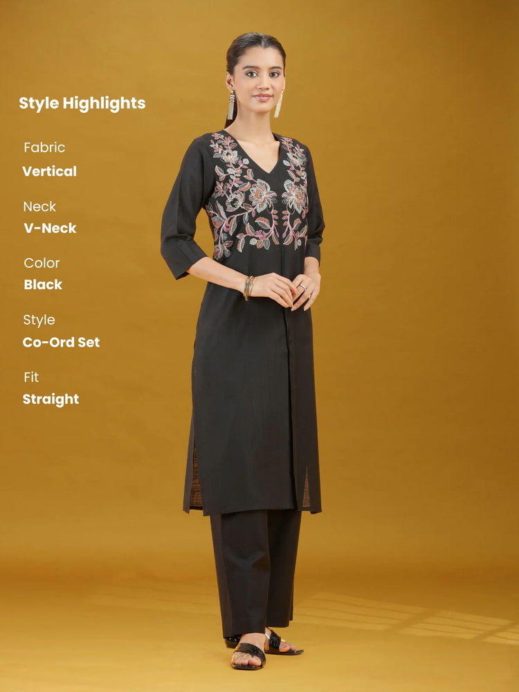 Black Floral Embroidered Kurta & Palazzo Co-Ord Set